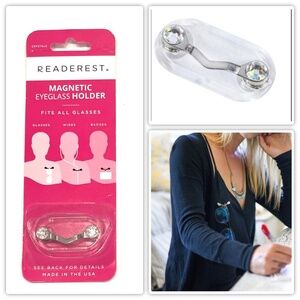 Readerest Magnetic Eyeglass Holder Silver with Clear Crystals NEW